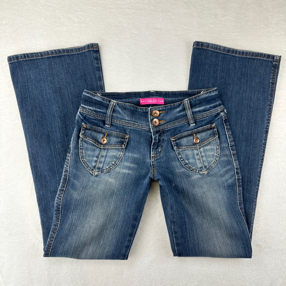 GLO Jeans Junior Flared Slim 5 Blue Medium Wash VTG Y2K Low Rise Denim 00's